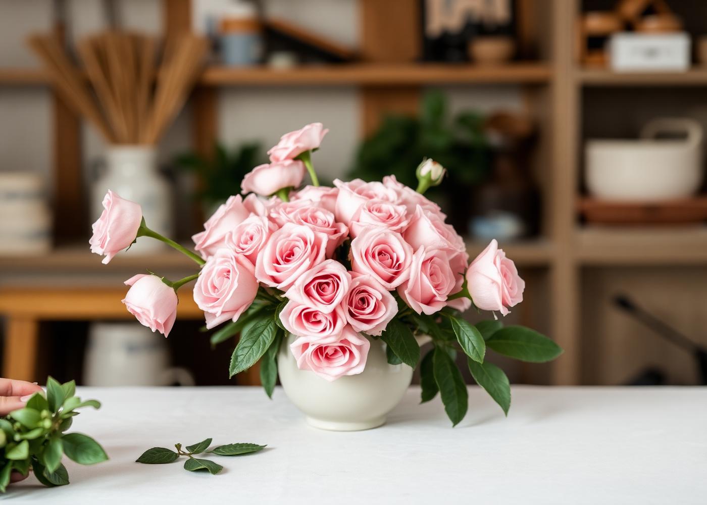 Florist arrangerar rosa rosor i ateljén
